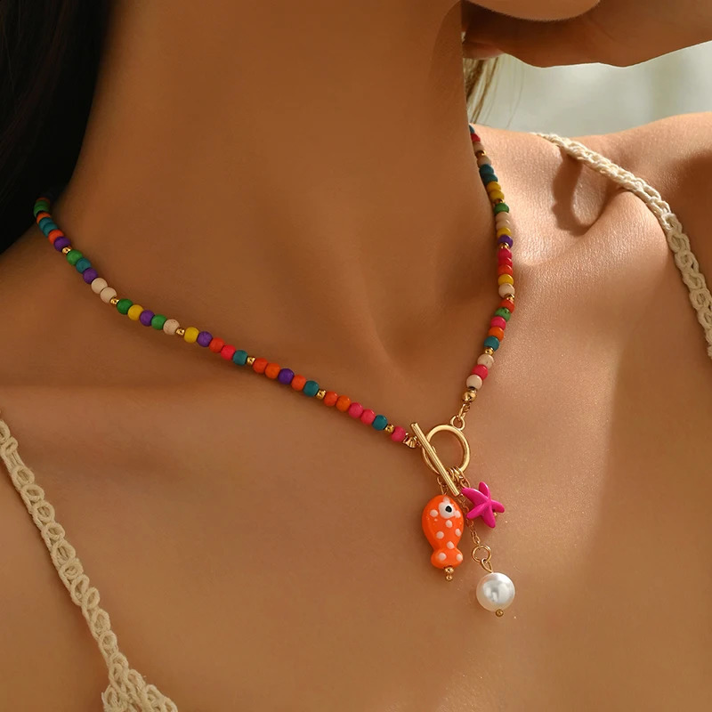 Bohemia Colorful Ceramic Fish Pendant Necklace for Women Handmade Beaded Pearl Starfish Necklace Summer Vacation Jewelry 260626 - view 5