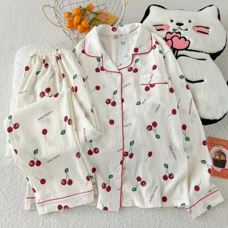Spring and autumn pajamas for women casual cardigan with reversible collar long sleeves pants home wear twopiece set 260625