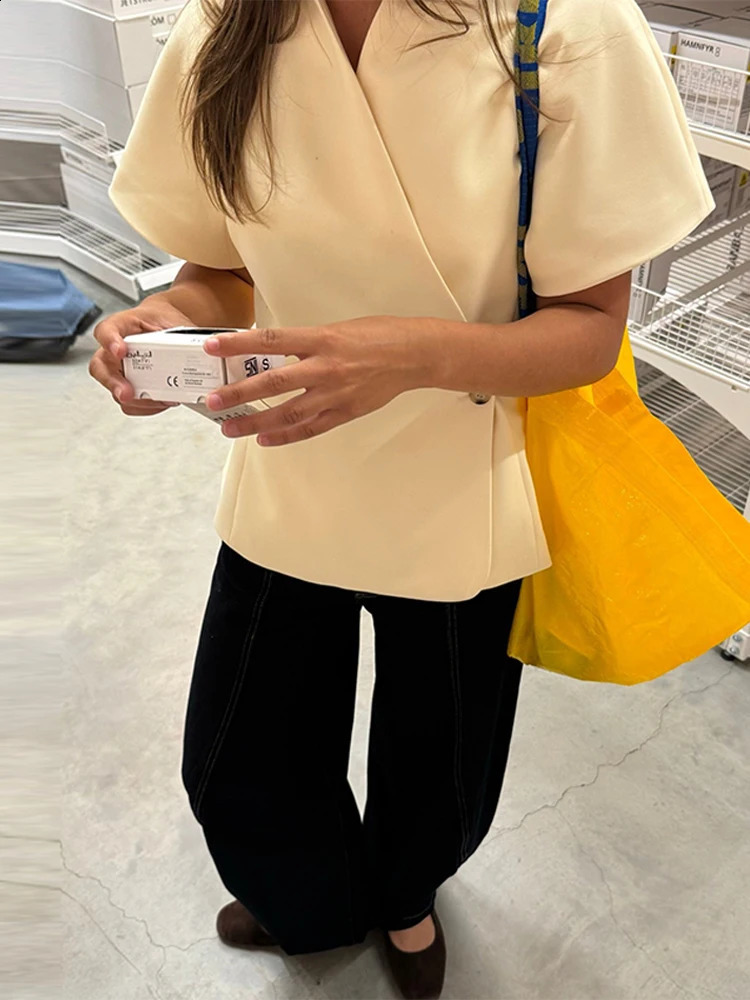 Elegant Womens Short Sleeve Blazer Coat One Button V Neck Waist Cinching Jacket 2026 Spring Summer Daily Outwears 260625 - view 5
