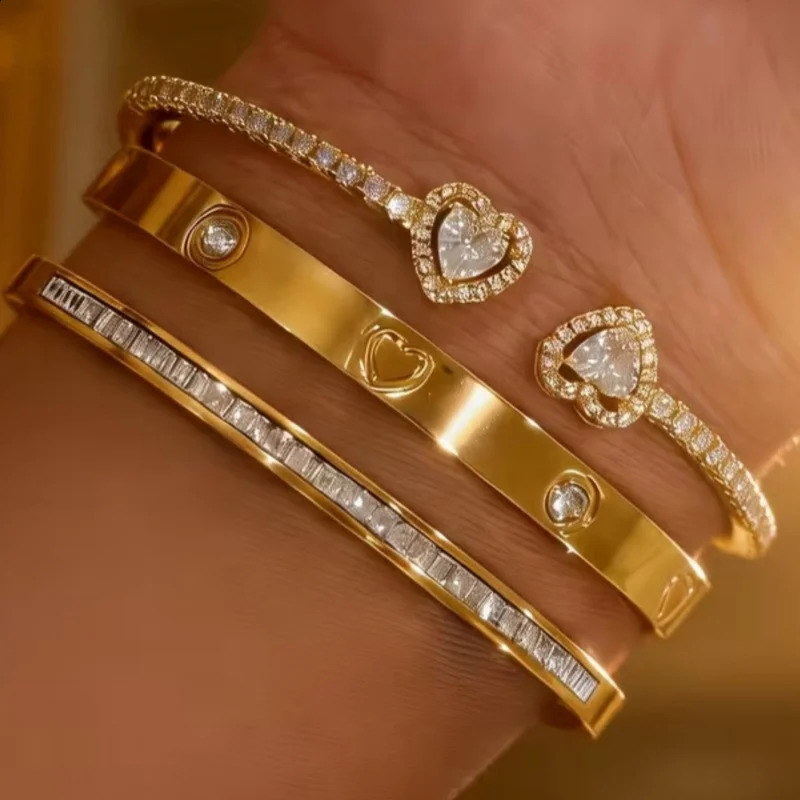 1/3Pcs Gold Plated Stainless Steel Heart Bracelet Set Fashion Zirconia Open Bangle Womens Bracelet Set for Daily Wear 260625 - view 4