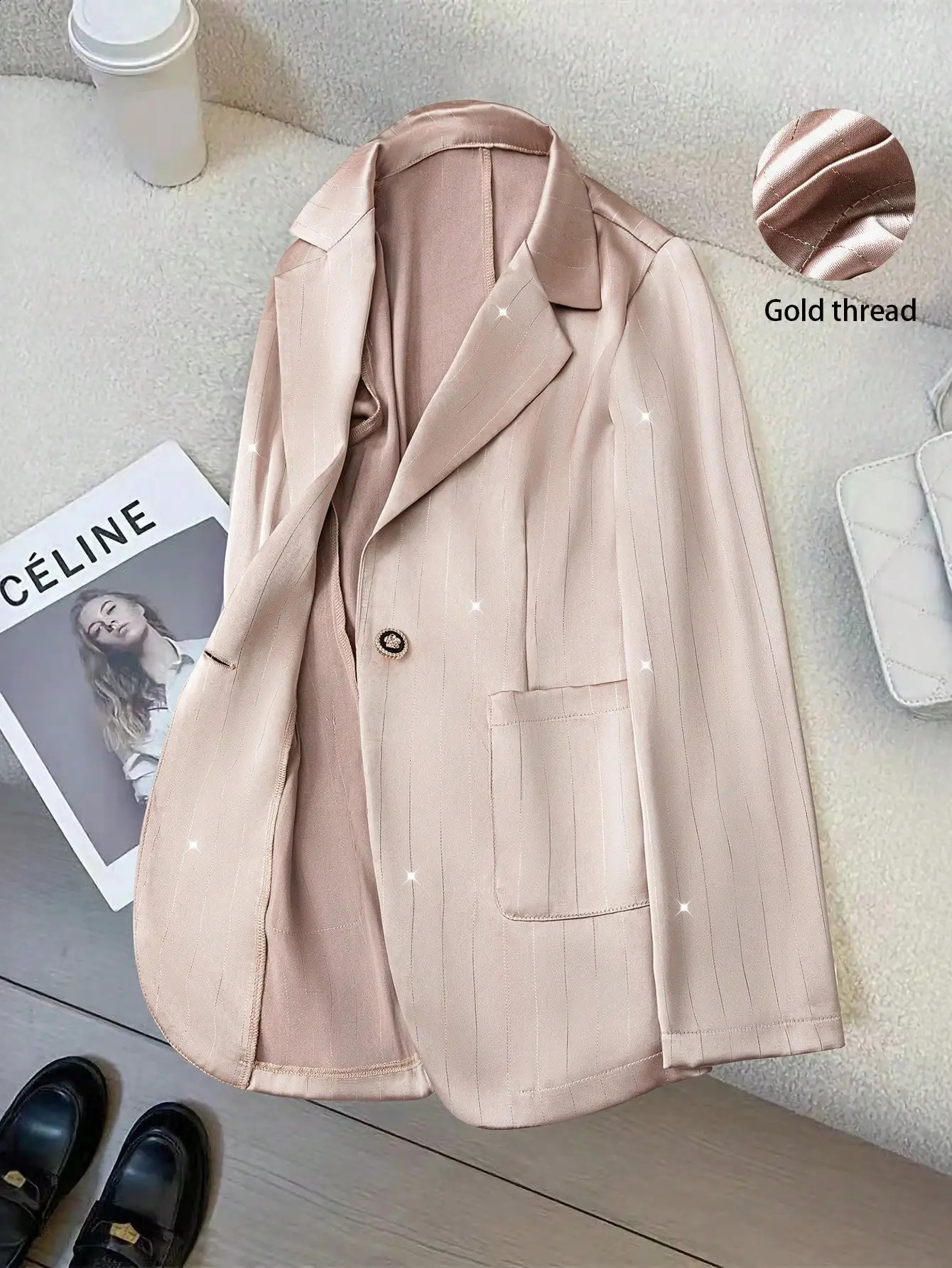 Womens Highend Satin Long Sleeve Blazer French Style Elegant Champagne Gold Temperament Coat 260626