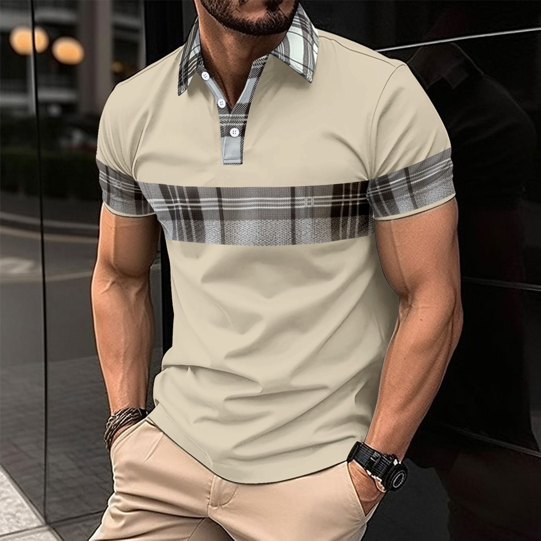 Men's Casual POLO Shirt, Fashionable V-Neck Buttoned Striped Short-Sleeve Patchwork Versatile T-Shirt2 - view 5