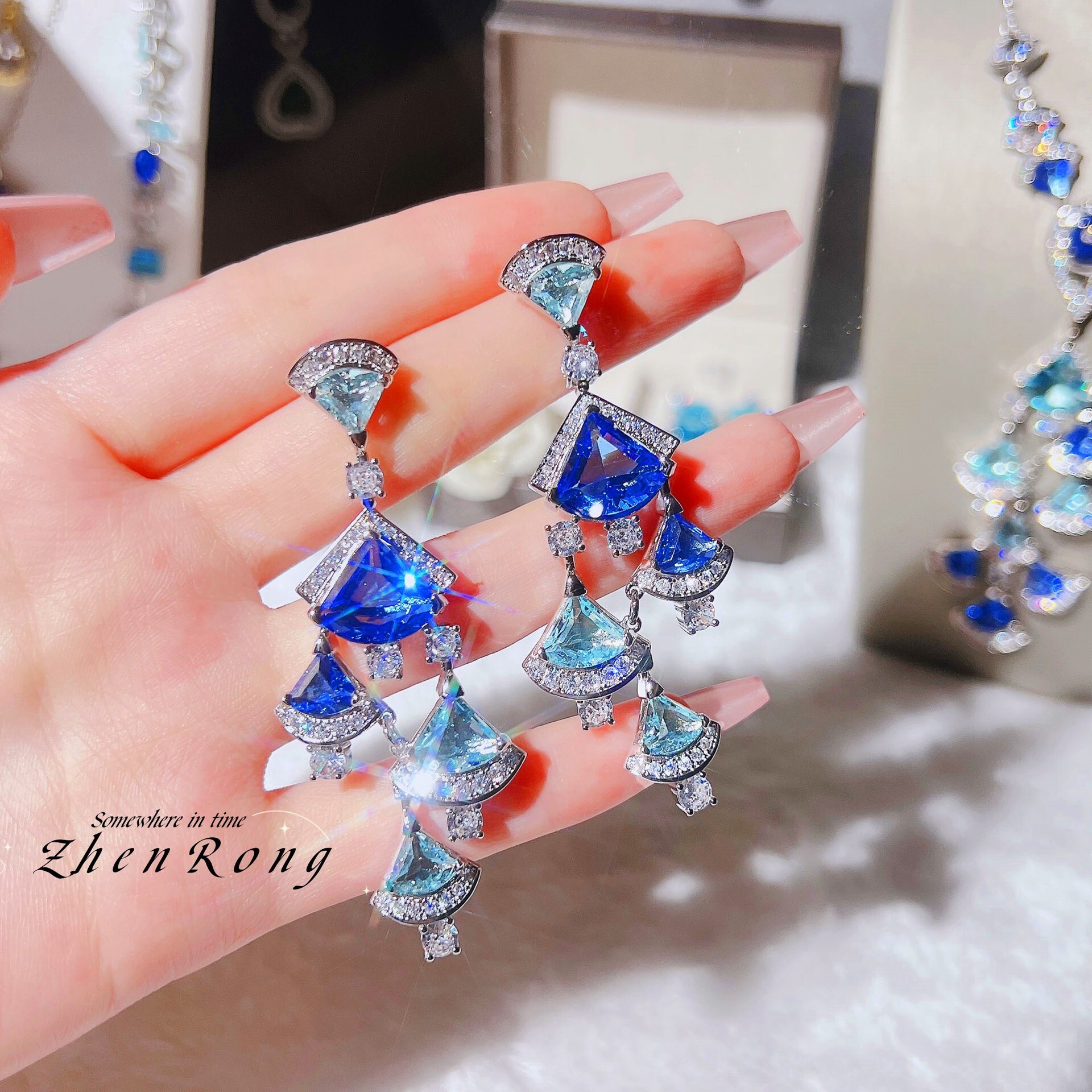 Earrings Luxury Inlaid Diamond Super Sparkling Zircon Big Brand Colorful Gem Fan-Shaped Water Drop Necklace Earrings Small Dress Chain Jewelry Set For - view 5