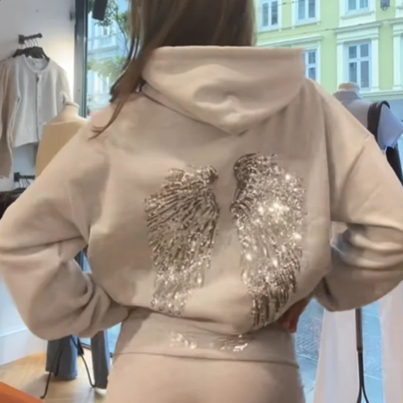 Gothic Shinny Sequin Angle Wings Hoodie Pullover For Women Loose Solid Hooded Sweatsuit Lady Autumn Winter Outwears 260626 - view 1