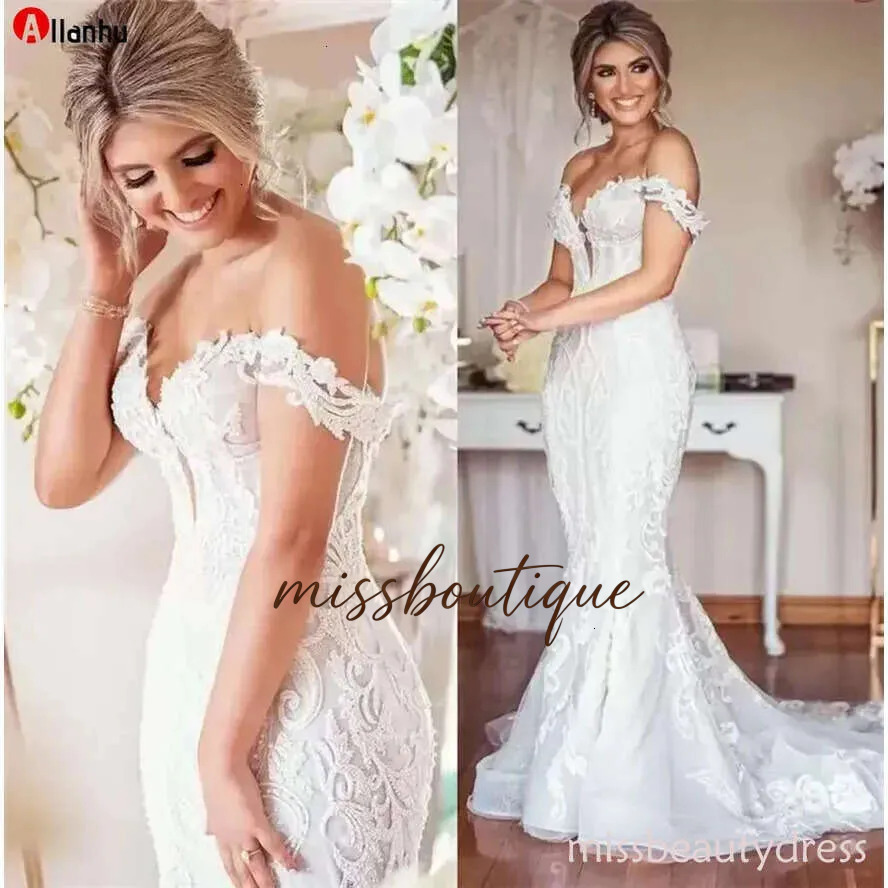 Lace Wedding Designer Dress Plus Size Mermaid Bridal Gowns Vintage Appliqued Off The Shoulder Sexy Lady Marriage Dresses Arabic Aso Ebi White Ivory Cr