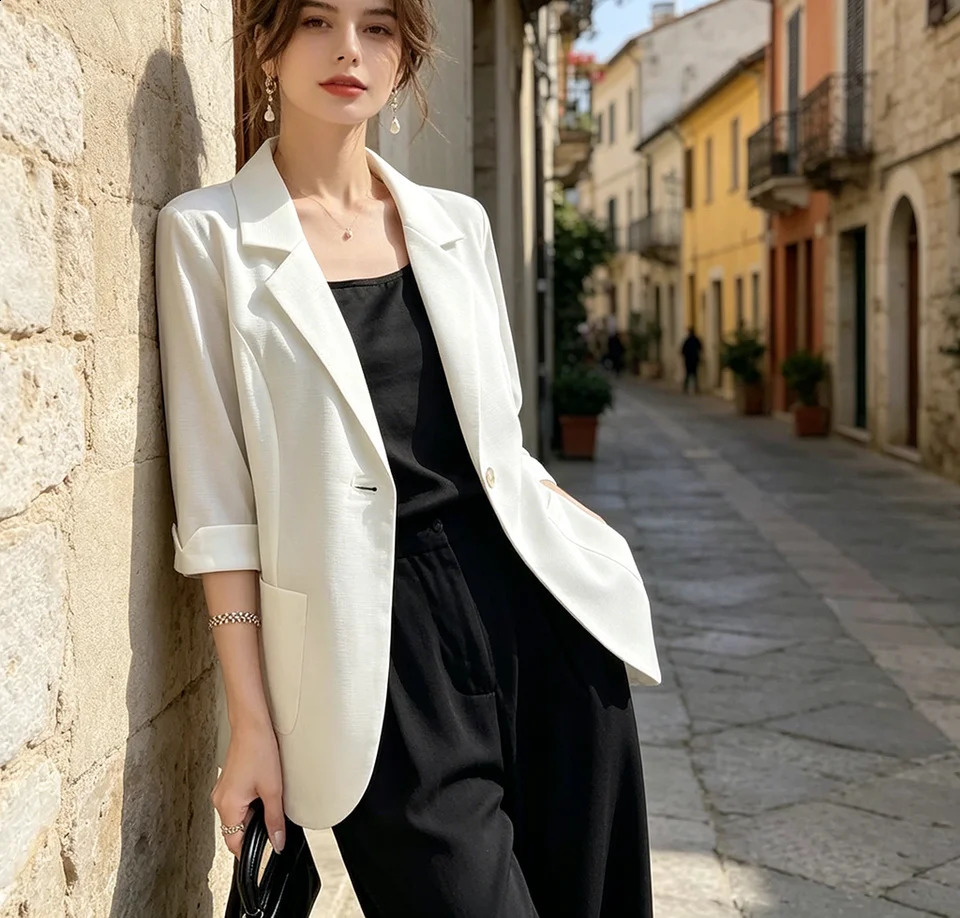 2026Summer Thin White Blazer Women 34 Sleeve Loose Fit Office Suit Jacket Elegant Business Formal Work Coat 260626 - view 6