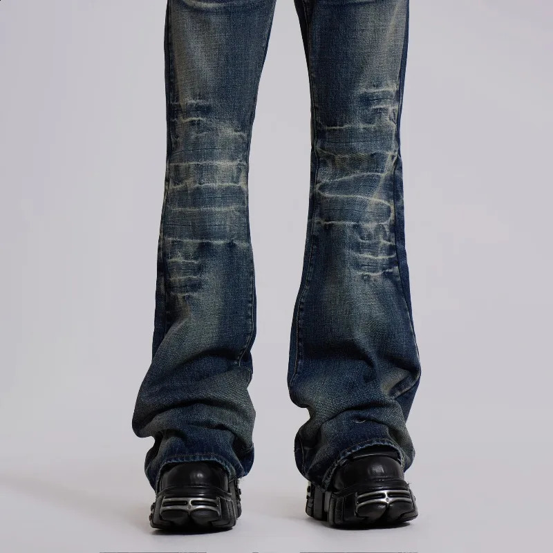 Y2K Vintage Flared Jeans Mid Blue Washed Men Women Bootcut American Hip Hop Distressed Streetwear Unisex Wide Leg Pants 260625 - view 6