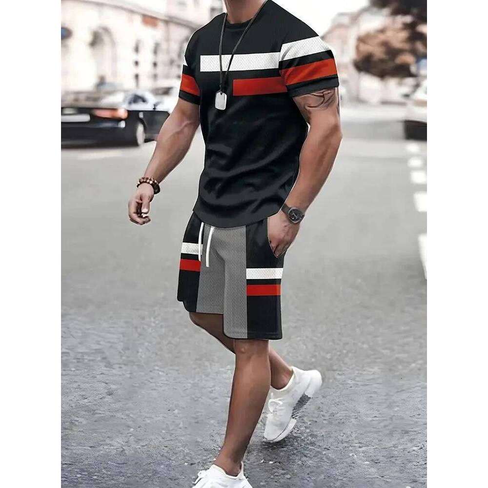 Summer Street Men's Suit Daily Casual Fashion Loose Comfortable Short Sleeves Outdoor Trend Sports Shorts Novelty Striped Print 26Y0626 - view 6