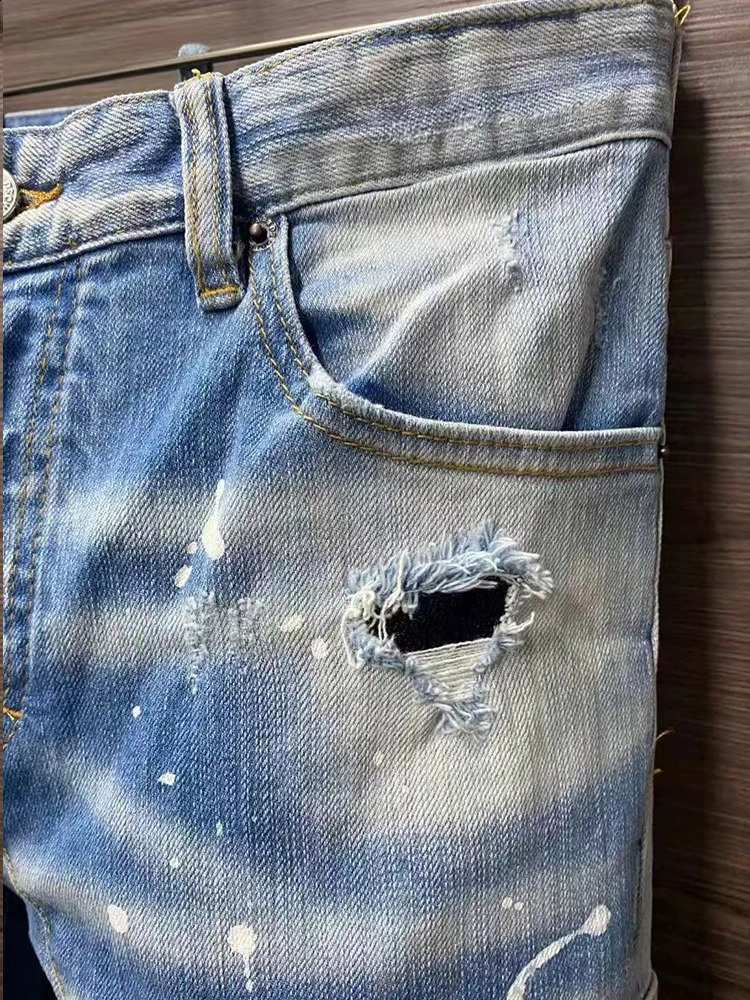 Mens Ripped Jeans Distressed Elastic Slim Pencil Fit Denim Pants Paint Splatter Streetwear Y2K High Street Biker Trousers 260625 - view 6