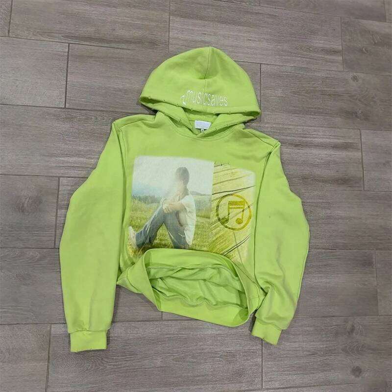 Y2K Fashion Trend Oversize Retro Music Themed Graphic Printing Green Pullover Hoodie Men Women Casual Comfort Streetwear W260626 - view 4