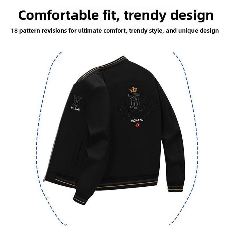 Men's Embroidered Jacket, Casual White Acetate Baseball-Style Coat with Hood, Slim-Fit Zipper Closure, Long Sleeves, Ribbed Trim, Appliqué SEIGNIOR Cr - view 5