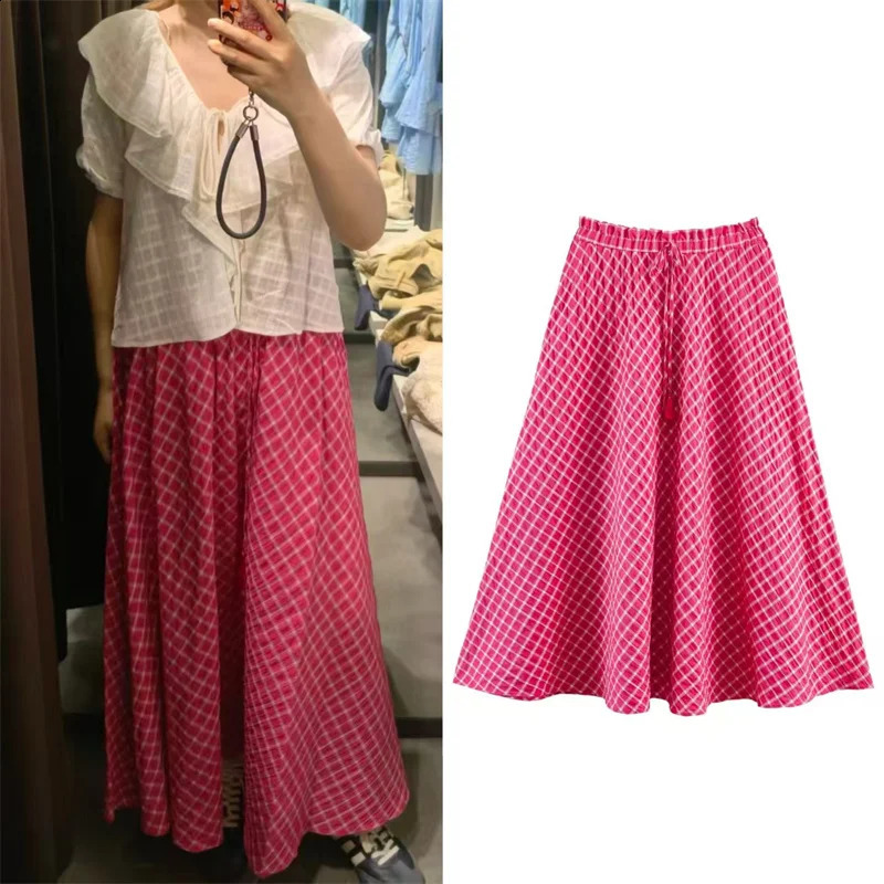 Womens HalfLength Skirt 2026 Summer Style Rose Red Plaid ALine Loose Long Casual Fashion Unique and Versatile 260626 - view 1