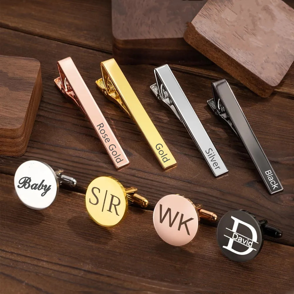 Tie Clip and Cufflink Set Personalized Name Tie Clip Engraved Date Letter Cuff Links Custom Jewelry Fathers Day Gift for Men 260626 - view 1