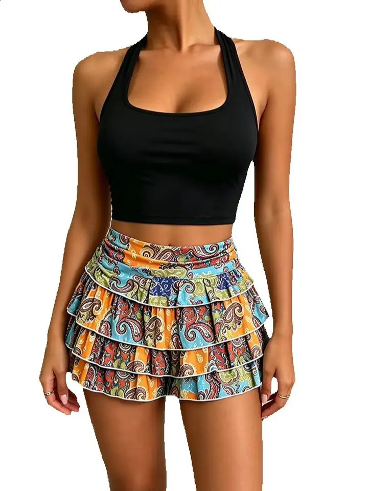 Womens clothing set solid color hanging neck backless vest topelastic waist geometric printed half skirt short 260625 - view 7