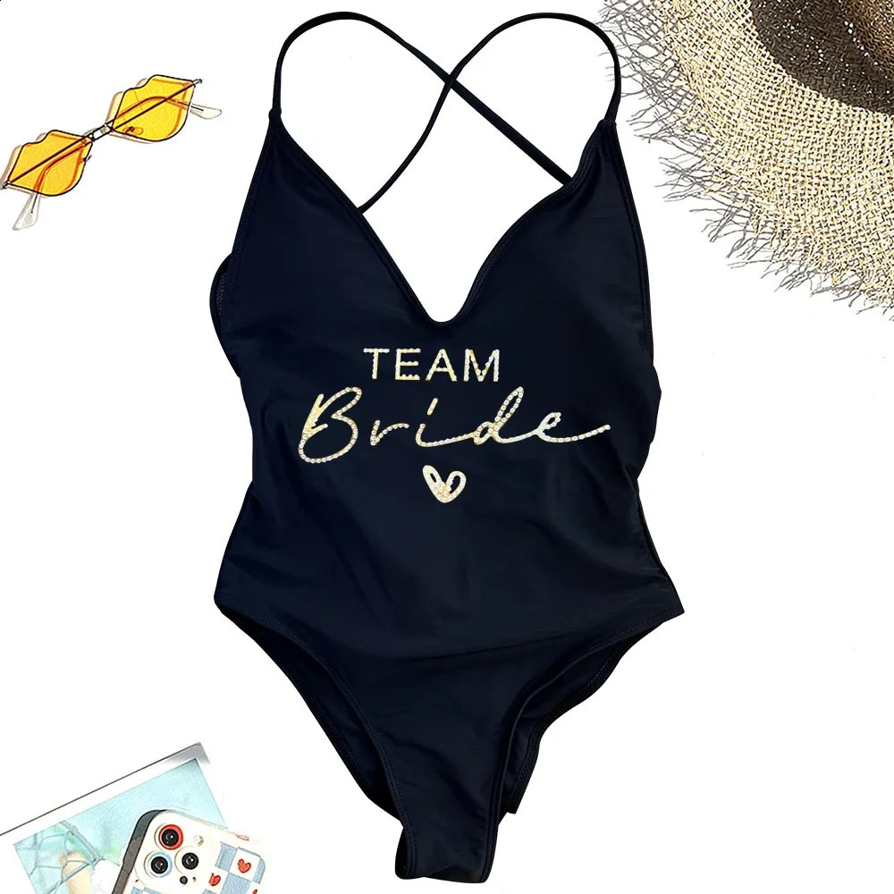 Team Bride Swimsuit With Gold Rehinstone OnePiece Bridal Swimwear Women Bachelor Party Bathing Suit Beachwear Strappy Swim 260625 - view 5