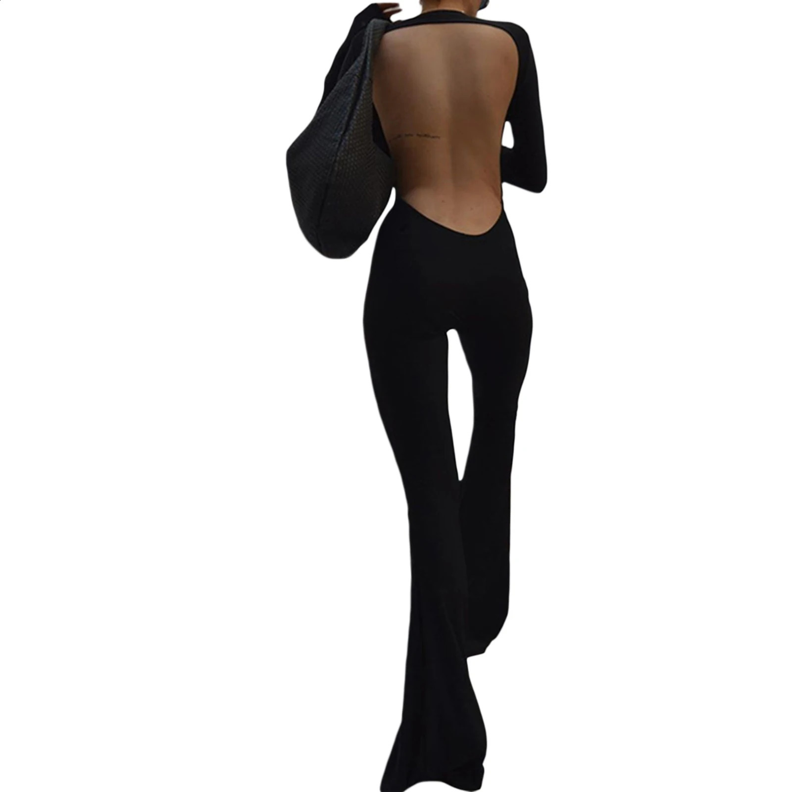 Fashion Women Flare Leg Jumpsuit Long Sleeve Backless Solid Color Bodycon Romper Pants 260626 - view 5