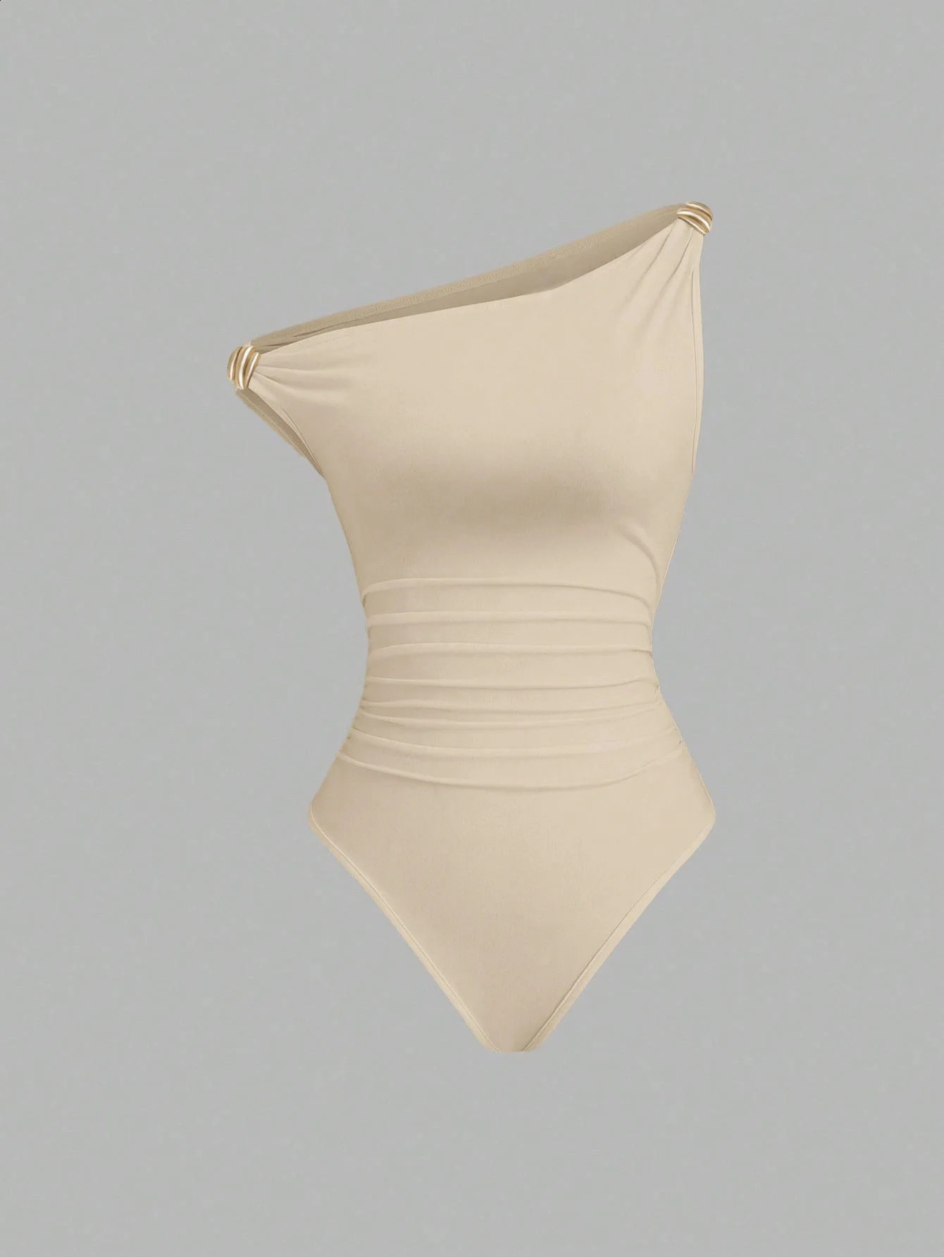 Women One Shoulder Ruched Bodysuit Gold Buckle Decor Sleeveless Form Fitting Jumpsuit 260618 - view 4