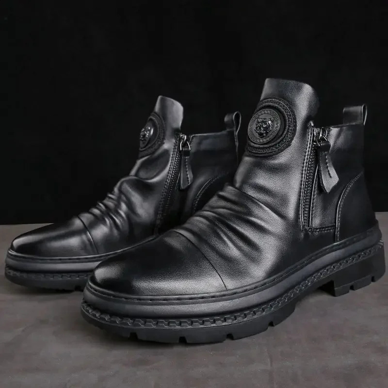 Mens Motorcycle Leather Boots British Style Round Head High Top Shoes Side Zip Walking Casual Platform Bota Masculina 260624 - view 4