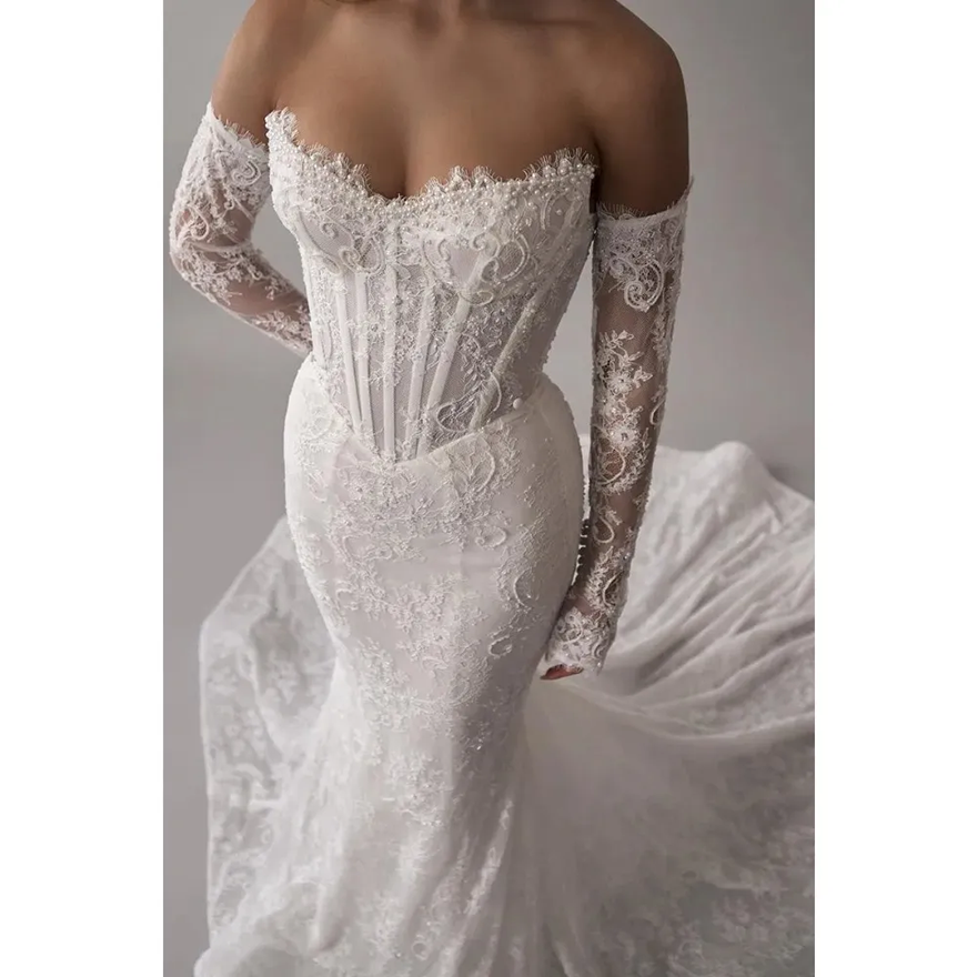 Lace Mermaid Wedding Dress With Detachable Train Long Sleeves Corset Boning Bridal Gowns Cat-eye Neckline Buttons Back Bride Formal Ceremony Vestdos D - view 3