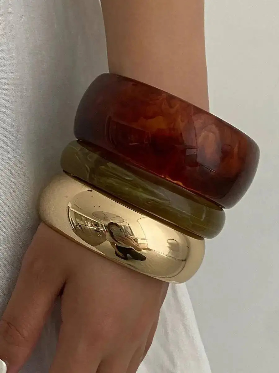 Salircon 3 Styles Boho Wide Chunky Round Acrylic Resin Bangles Women Hip Hop Geometric Metal Bracelets Stackable Charms Jewelry260624 - view 4