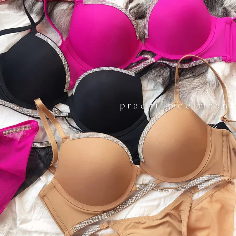 2 Pieces Sexy Underwear Set for Women Classic Cross Hollow Bra Sparkle Rhinestones Lingerie Deep V Push Up Brassiere 260626 - view 6