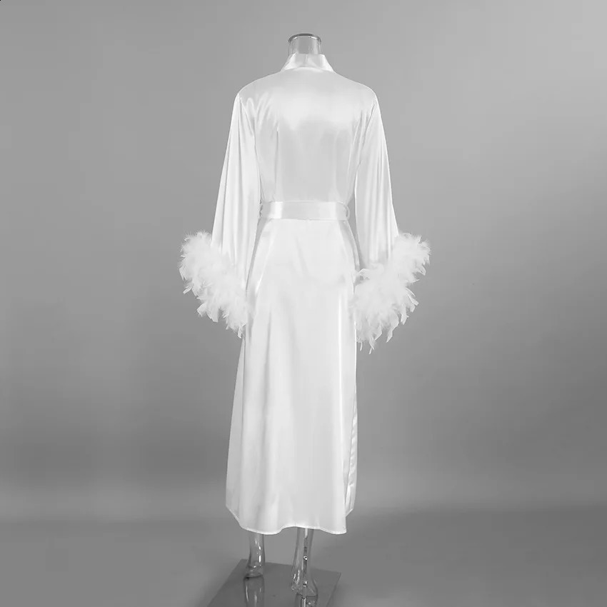 Feather Blush Kimono Robe Boudoir Wedding Floor Length Maxi Dressing Gown Robes Bride to Be Hen Party Stain Silk Lingerie260622 - view 7