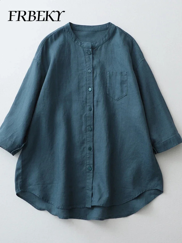 Summer Cotton Linen Solid Color Shirt Standup Collar Sevenminute Sleeve Loose Japanese Womens Blouse Oversized Vintage 260626 - view 7