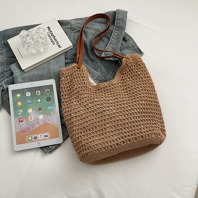 Vintage Handmade Straw Woven Tote Bag For Women, Artistic Cotton Thread Casual Beach Vacation Shoulder Handbag - view 4