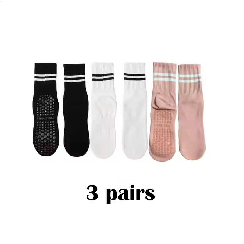 3-Pair Female Pilates Indoor Anti Slip Silicone Floor Socks Breathable Double Bar Middle Socks Fitness Dance Exercise Yoga Socks 260626