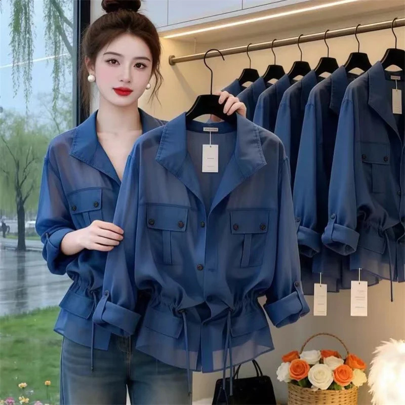 Blue Thin Micro-transparent Shirt coat Womens Spring Summer 2026 Style fashion long sleeve TeeShirts Sunscreen clothing 260626