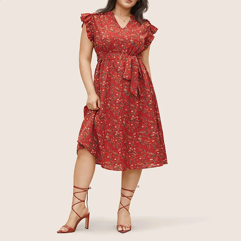 Elegant PlusSize Womens VNeck Sleeveless Floral Print Dress with Ruffle Pockets Belt Decoration Casual Summer 260613 - view 4