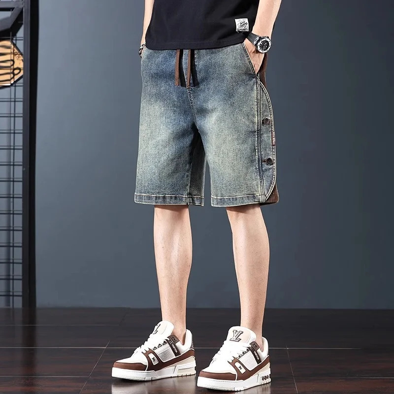 2026 Drawstring Blue Baggy Denim Shorts For Men High Street Retro Casual Jorts Side Button n Patchwork Short Jeans 260625