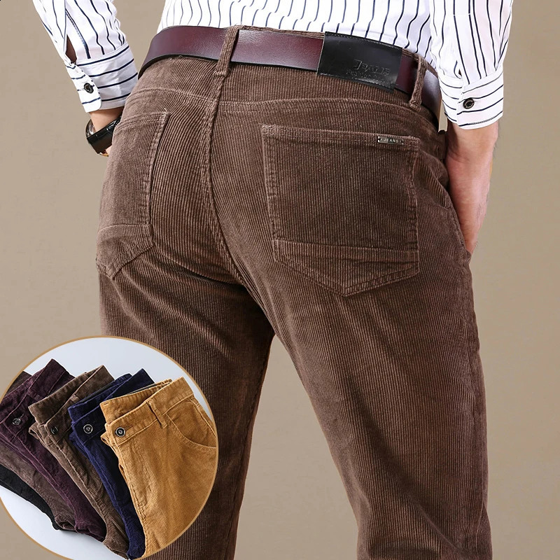 Autumn Corduroy Pants Mens Cotton Thick Slim Straight Elastic Business Casual Trousers Fashion Khaki Male Clothes 260626