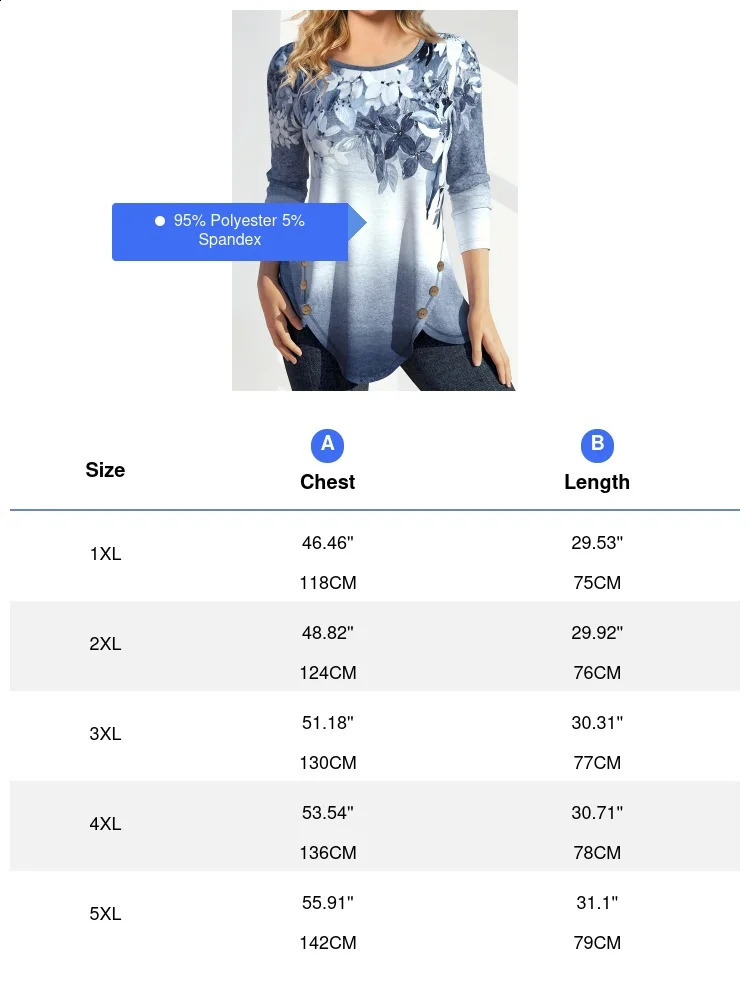 Womens Plus Size Stylish Floral Print Stylish Casual Top with Button Accent Long Sleeve T-Shirt for Spring Fall-Comfortable 260626 - view 6