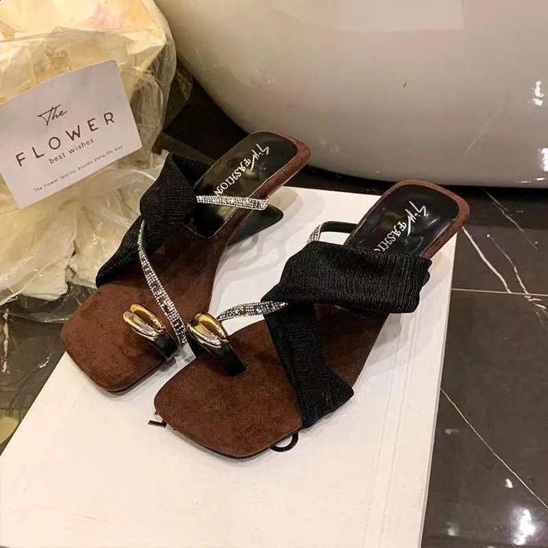 y Rhinestone Square Toe Sandals Loop Women Elegant Pleated Slides Metal Decor Beach Wedding Party Dress Mules Shoes 260626 - view 6