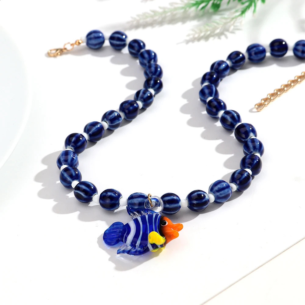 Creative Tropical Clownfish Cactus Pendant Necklace for Women Summer Trendy Round Ceramic Beads Chain Statement Jewelry Gift 260626 - view 5