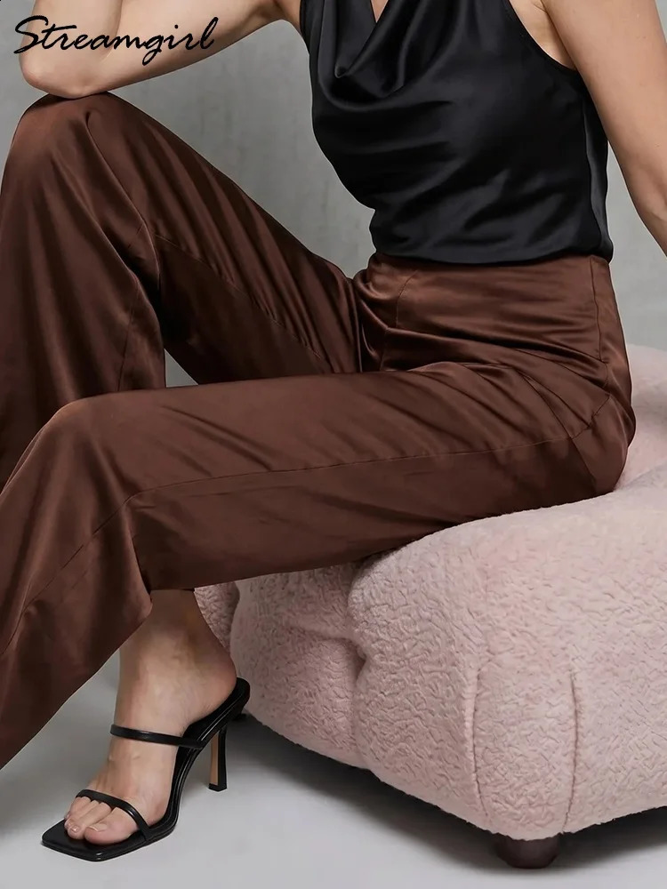 Streamgirl Summer Satin Pants For Women Wide Leg Beige Silk Trousers Long Straight y Elegant 260625 - view 4