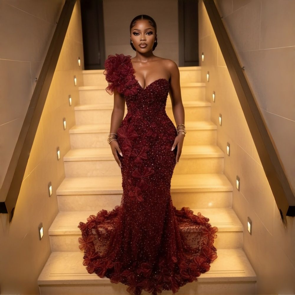 Glitter One Shoulder Sequined Mermaid Prom Dresses Backless 3D Floral Appliques Burgundy Long Reception Dress Pageant Evening Gowns - view 4