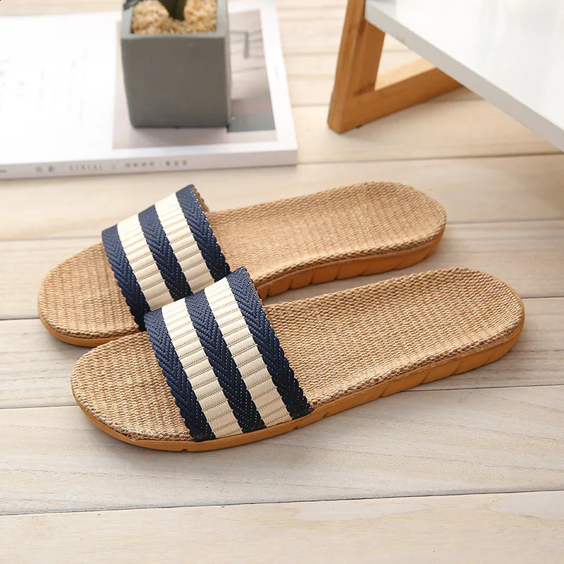 Summer Couples Linen Slippers - Striped Fashion Non-Slip Comfort Indoor EVA Floor Breathable Sandals 260624 - view 4