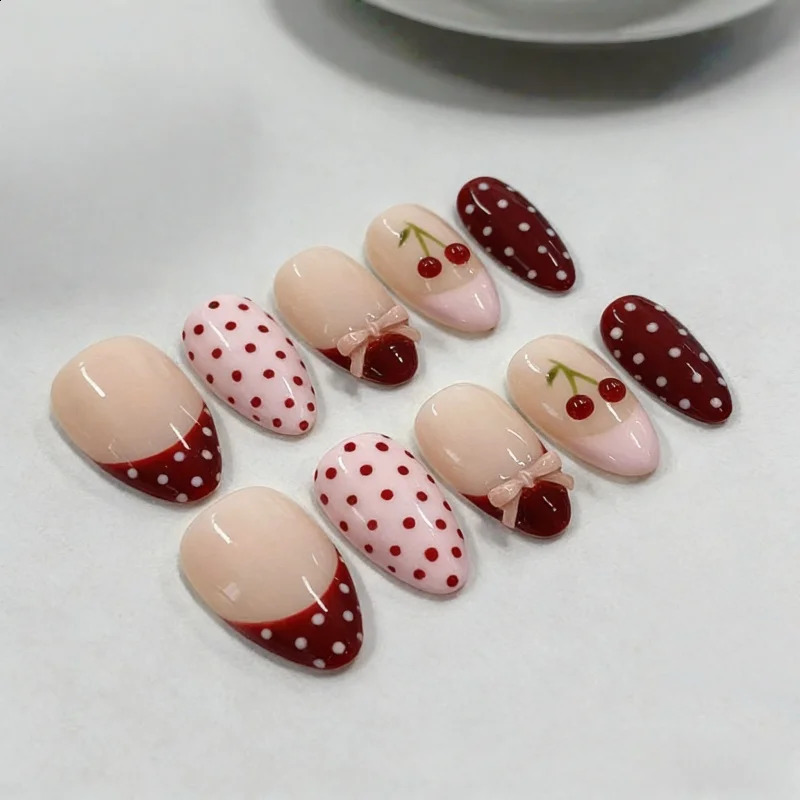 30Pcs Fake Nails Sweet Pink French Polka Dots Bows and Playful CherriesPress-On Nails Perfect as Gifts for Girls and Friends 260626 - view 4