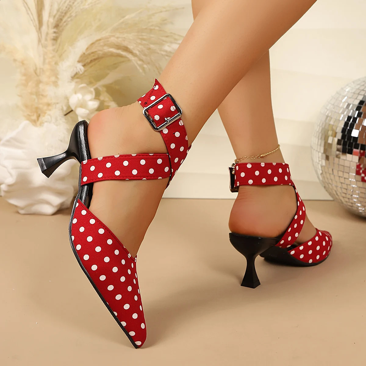 Ladies CrossBand High Heels Sandals Thin Heel Summer Polka Dot SlipOn Buckle Strap Elegant Footwear for Women 260626 - view 7