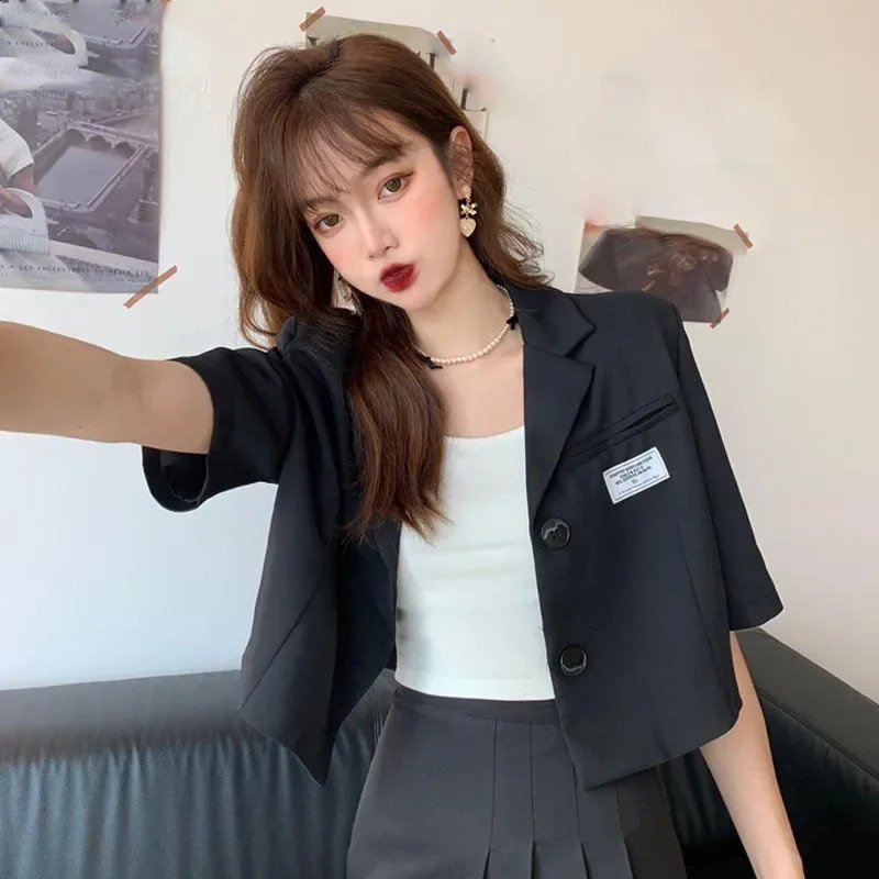 Short Sleeve Blazer Jacket Ladies Summer Thin Notched Collar Suit Coat Women Casual Wild Black White Outwear Tops 260625 - view 6