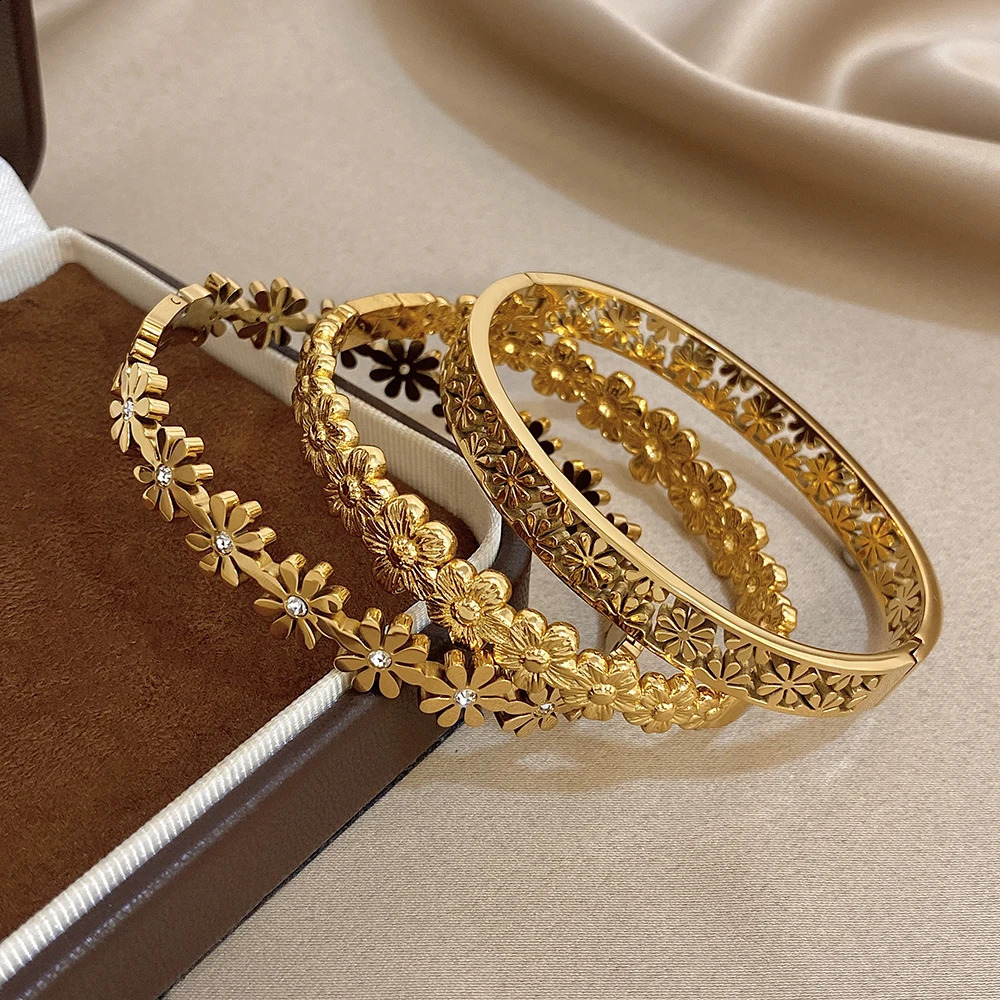 316L Stainless Steel Flower Cuff Bracelet Bangle for Women Fashion Hollow Floral Aesthetic Couple Wrist Stacked Jewelry Gifts 260625 - view 3
