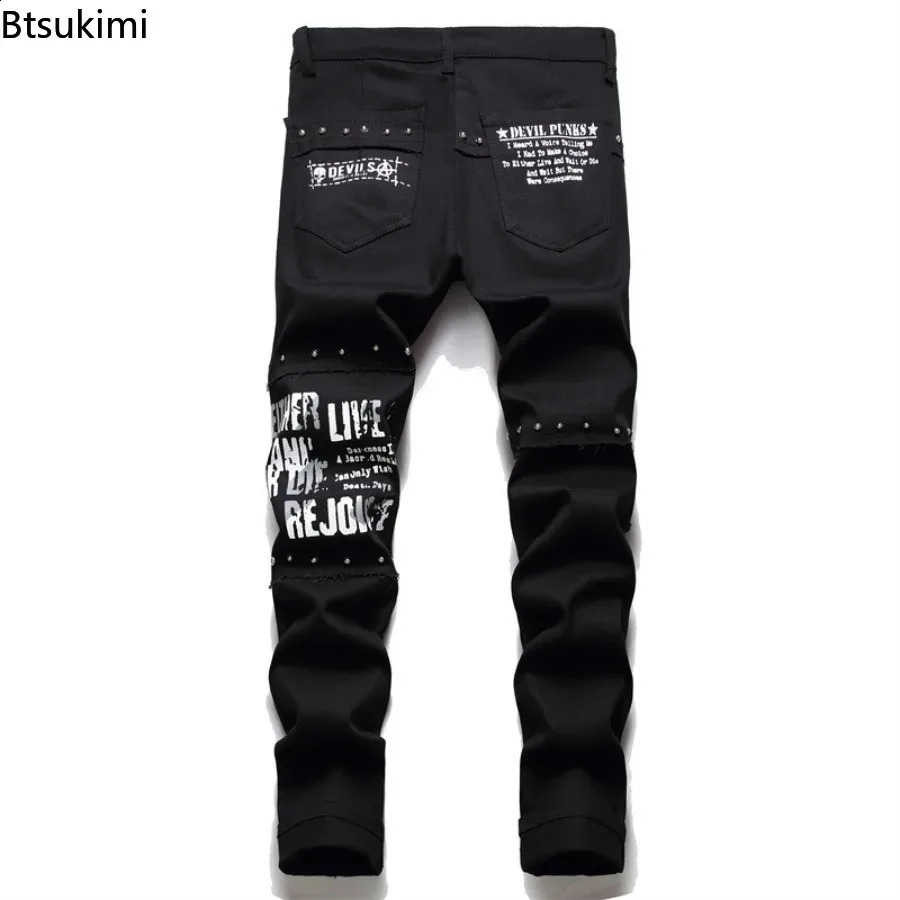 2026 Mens Y2K Gothic Ripped Skinny Jeans Punk Rivet Patch Black Denim Pants Skull Letters Printed Slim Straight Trousers Male 260625 - view 3