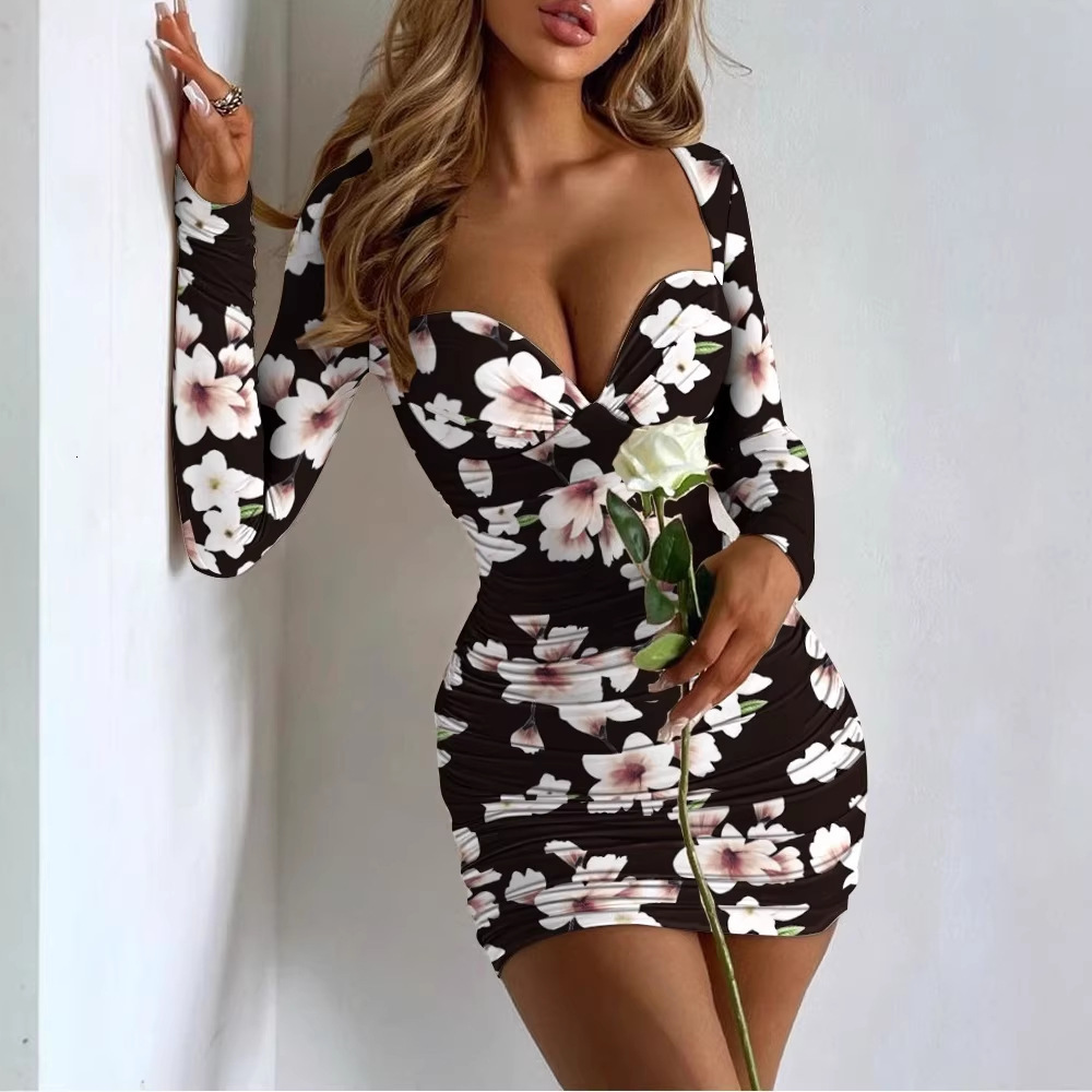 2022 Autumn Womens Long Sleeve Square Neck Sexy Low-Cut Slim Fit Bodycon Printed Dress for Beach Vacation - view 4
