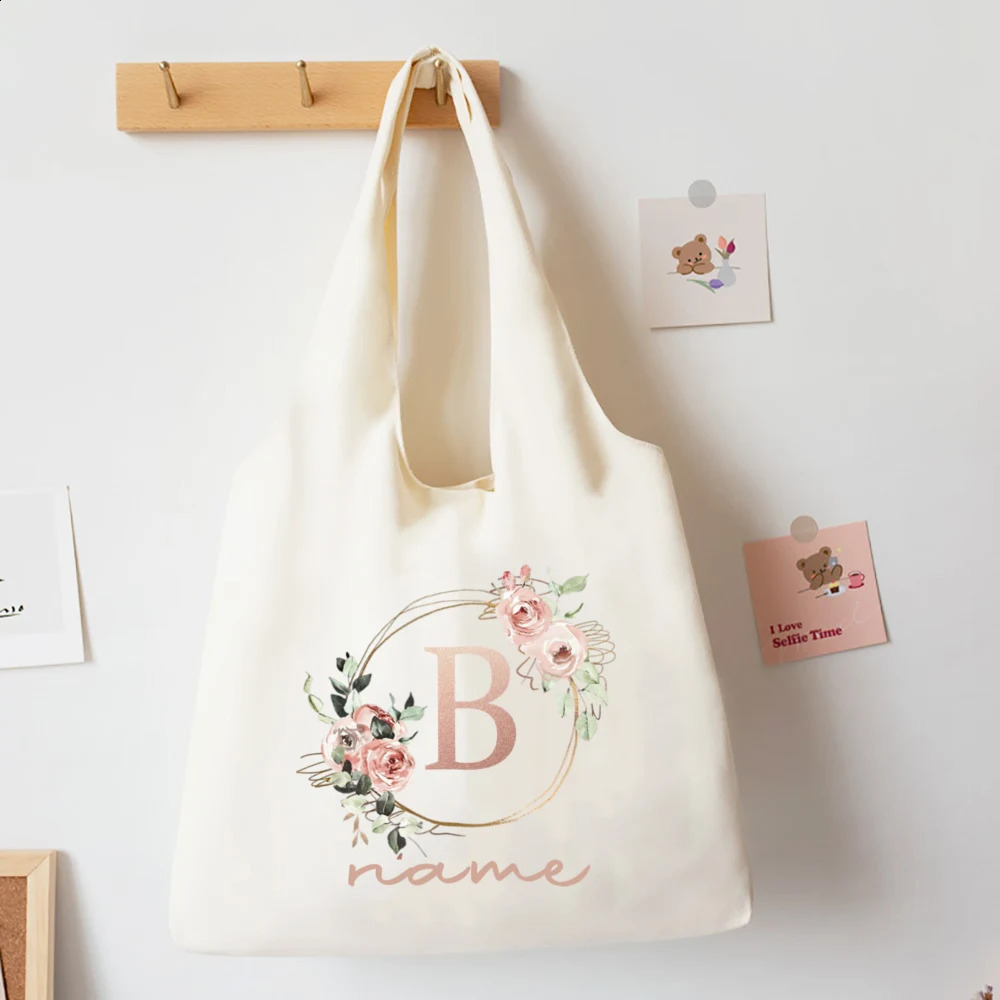 Custom Name Floral Alphabet Print Tote Bag Personalize Canvas Portable Large Capacity Handbags The Christmas Birthday Gifts 260625 - view 4