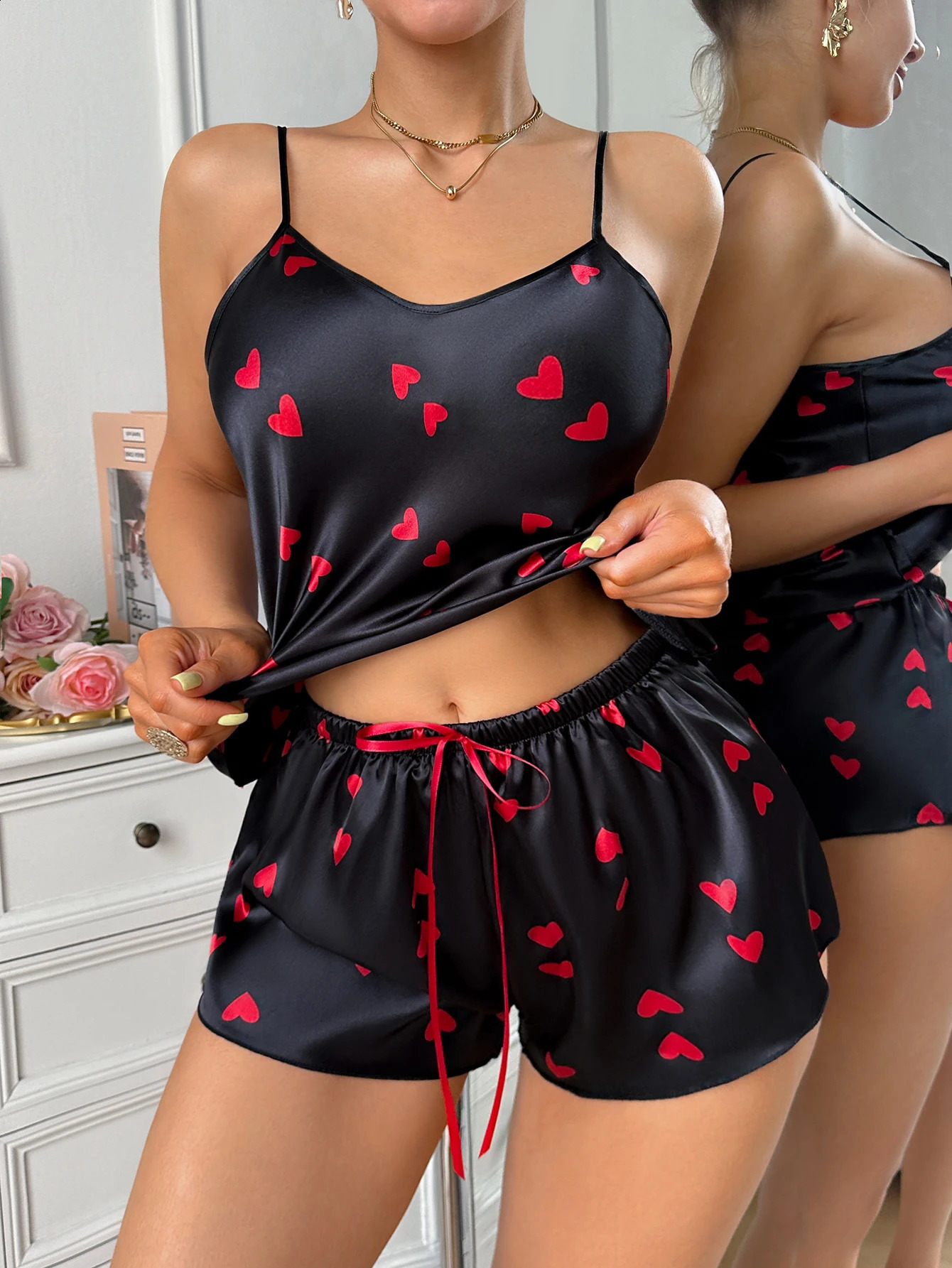 2026 Womens Pajama Set Cute Heart Print Cami and Shorts 2 Pieces Round Neck Elastic Waist Fashion Sleepwear 260625 - view 5