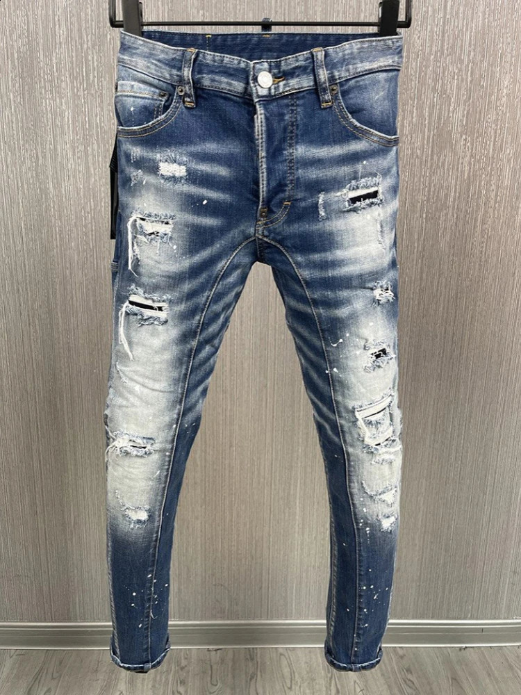 Mens Ripped Jeans Distressed Elastic Slim Pencil Fit Denim Pants Paint Splatter Streetwear Y2K High Street Biker Trousers 260625 - view 3