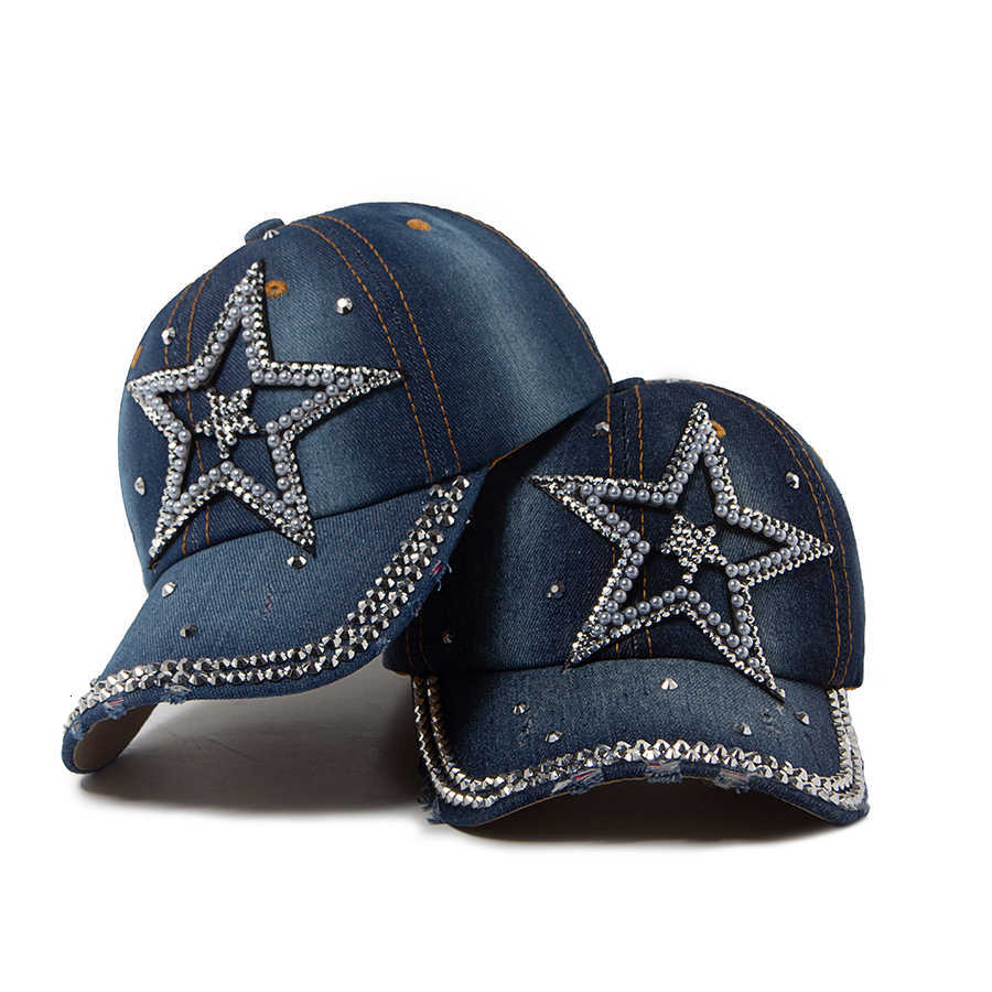 Shiny Y2K Hip Rhinestone hop Womens Baseball Fashion Pentagram Denim Cloth Hat For Female Spring Autumn Vintage SnapM260626