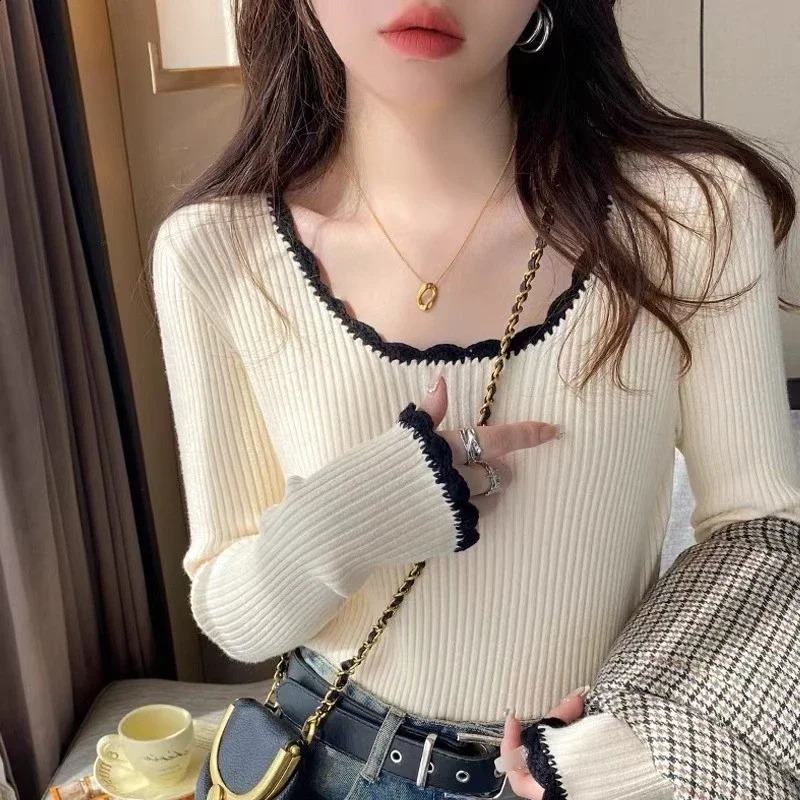 2026 Women Long Sleeve Slim Soft Tops Autumn Winter Square Neck Knitted Pullovers Casual Versatile Color Blocking Sweater 260626